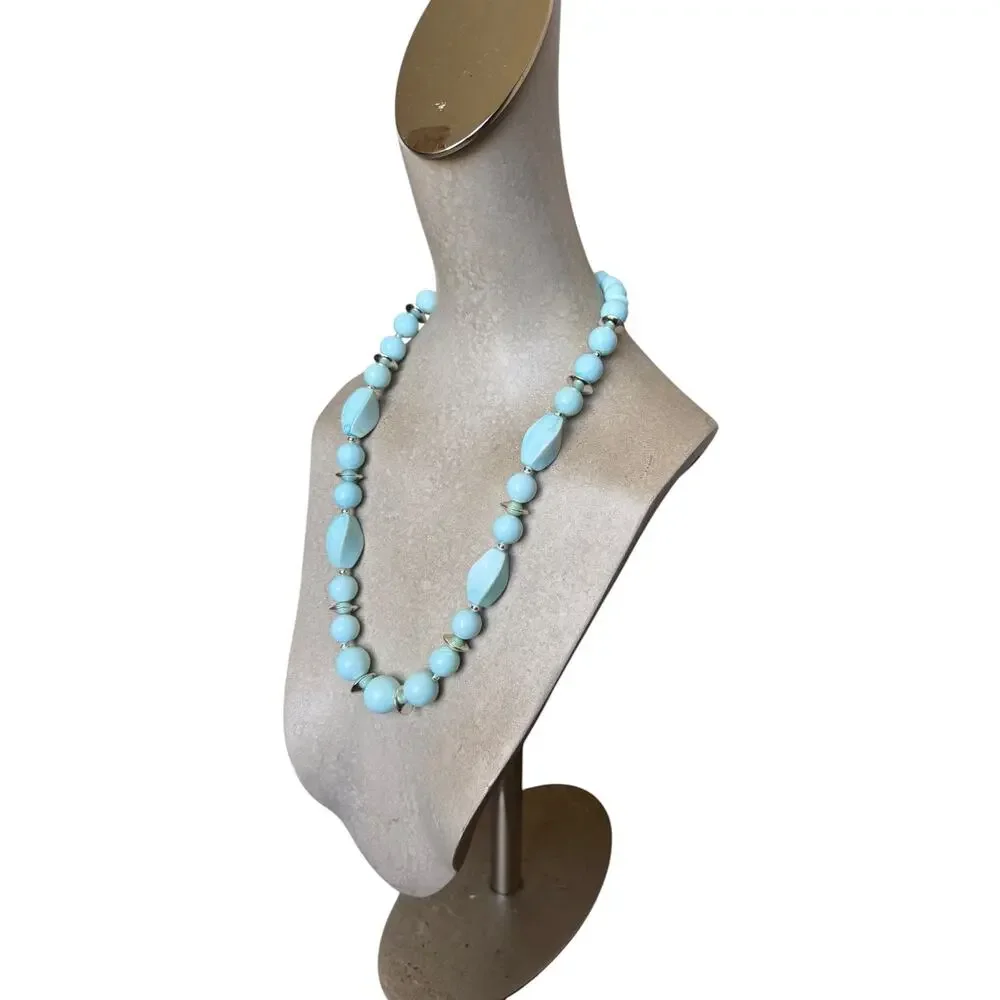 Blue Beaded Necklace Pastel Aqua Statement Necklace Retro Style Fashion Jewelry
